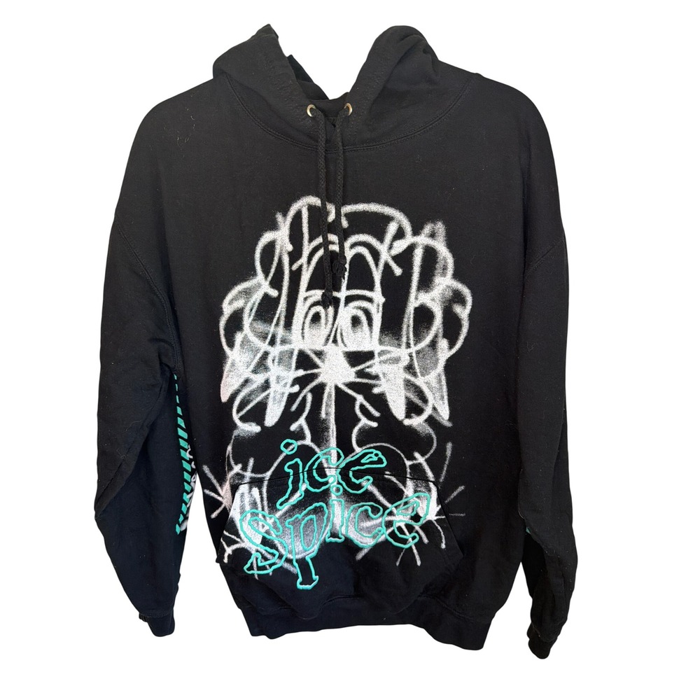 Ice Spice Y2K World Tour Hoodie Mens XL Black Teal Graffiti Spray Paint Official